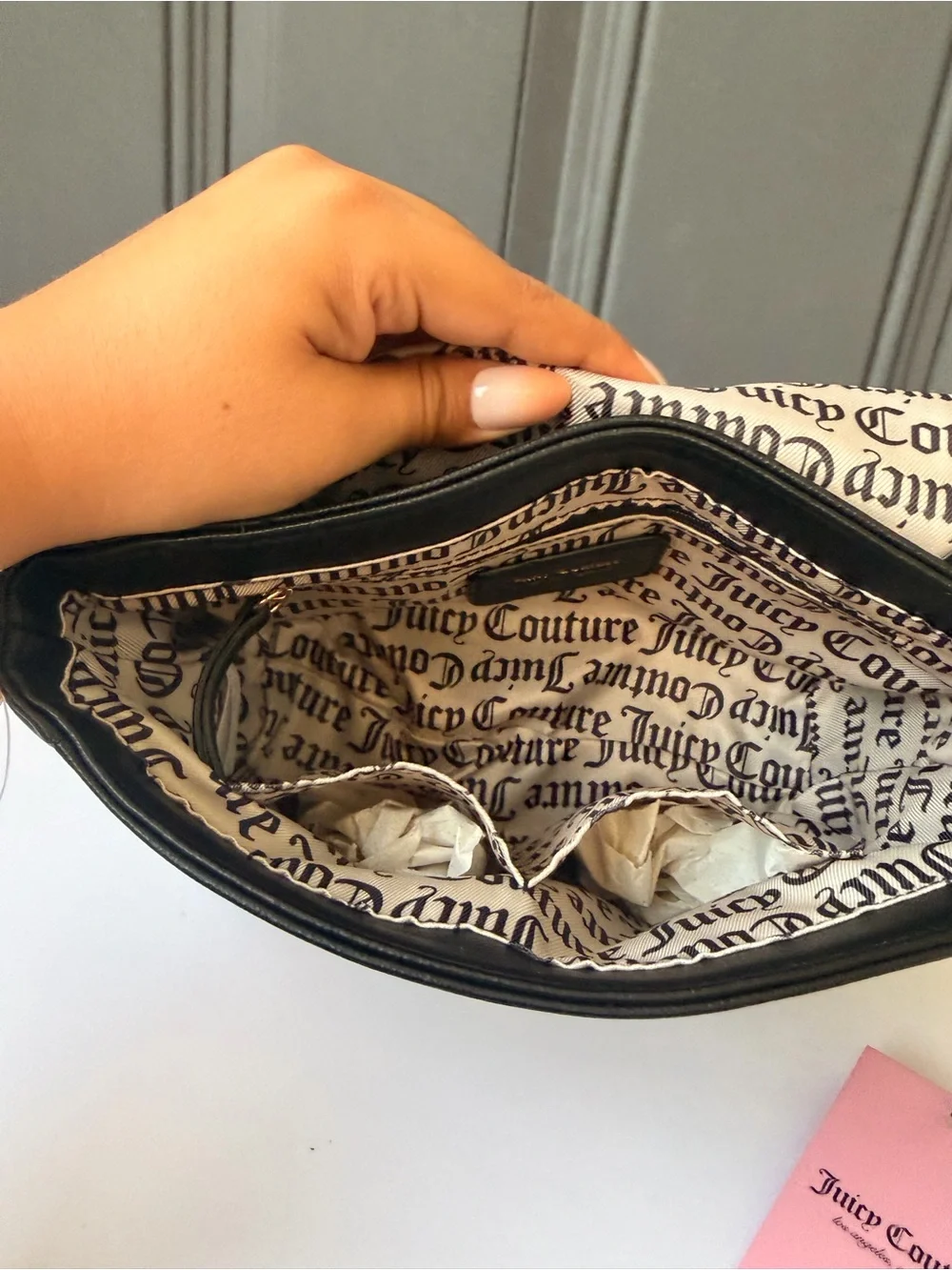 Juicy Couture Black & Beige Logo Canvas Shoulder Bag with Gold Hardware